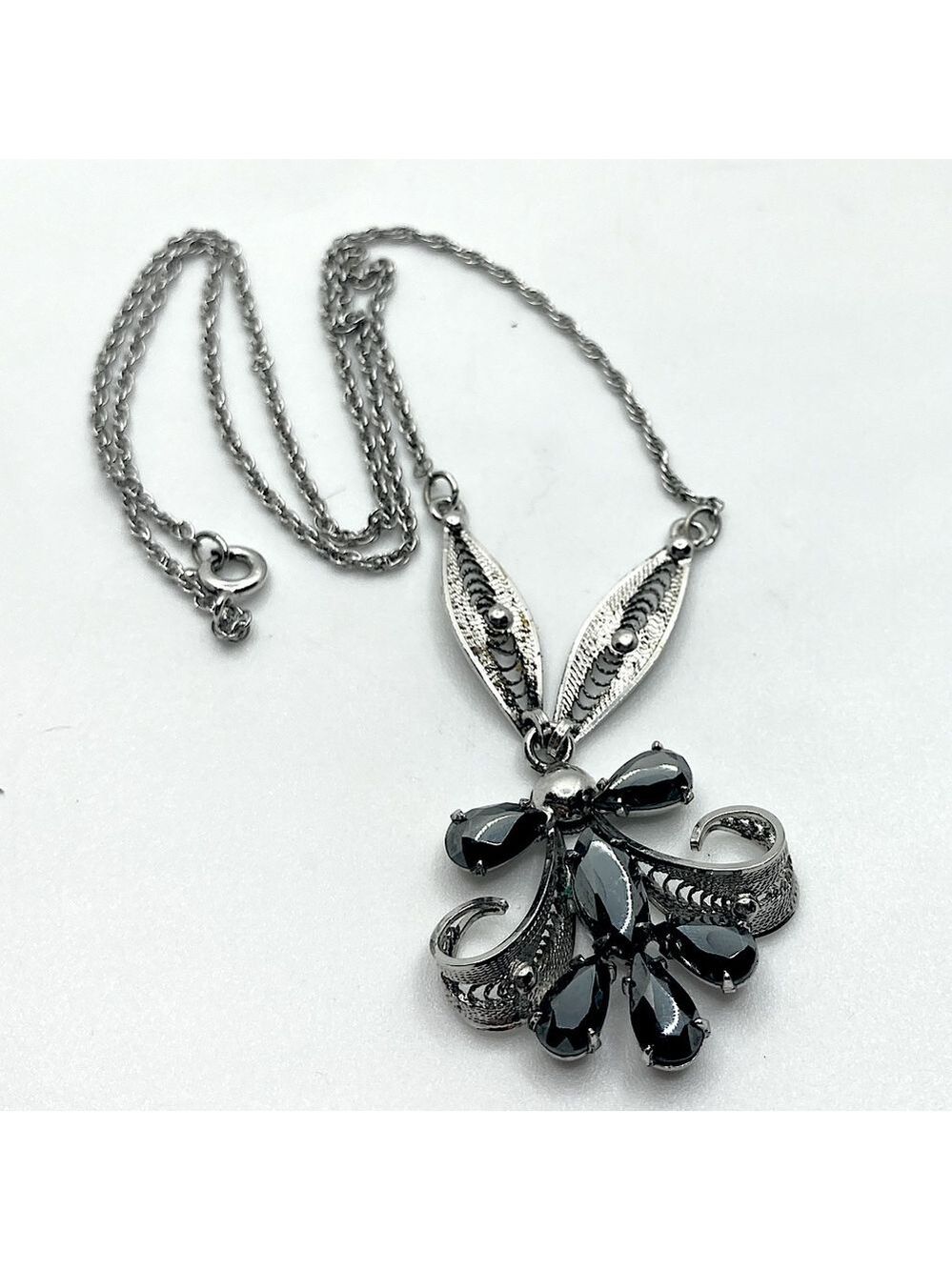 VTG Sorrento Sterling Floral Filigree Hematite Stone  17” + 1” Pendant